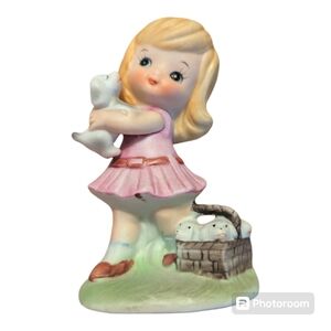Vintage Girl Holding Puppy With Basket Full Of Puppies Porcelain Figurine 4"
